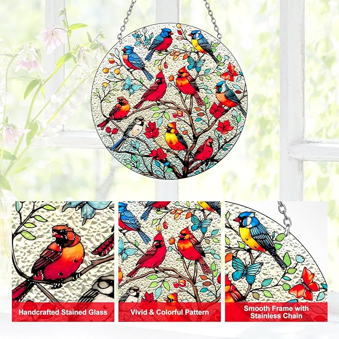 Large Size Cardinal Stained Glass Window Hanging, Cardinal Suncatcher Garden Decor, Hand Painted Red Bird Window Suncatchers, 8.6in Memorial Ornament for Bird Lovers Women