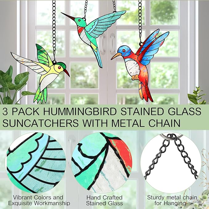 3 Pieces Hummingbird Stained Glass Gift Window Hanging Ornament Suncatcher Window Decoration for Women Mom Bird Lovers Valentines Mother's Day Christmas