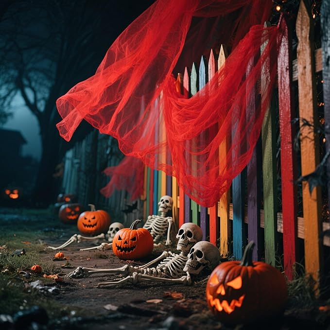 RunNico 400'' x 85'' Halloween Blood Red Scary Gauze, Bloody Haunted House Creepy Cloth, Spooky Fabric Hanging Decoration for Horror Themed Nightmare Party Wall Yard Doorway Porch Decor