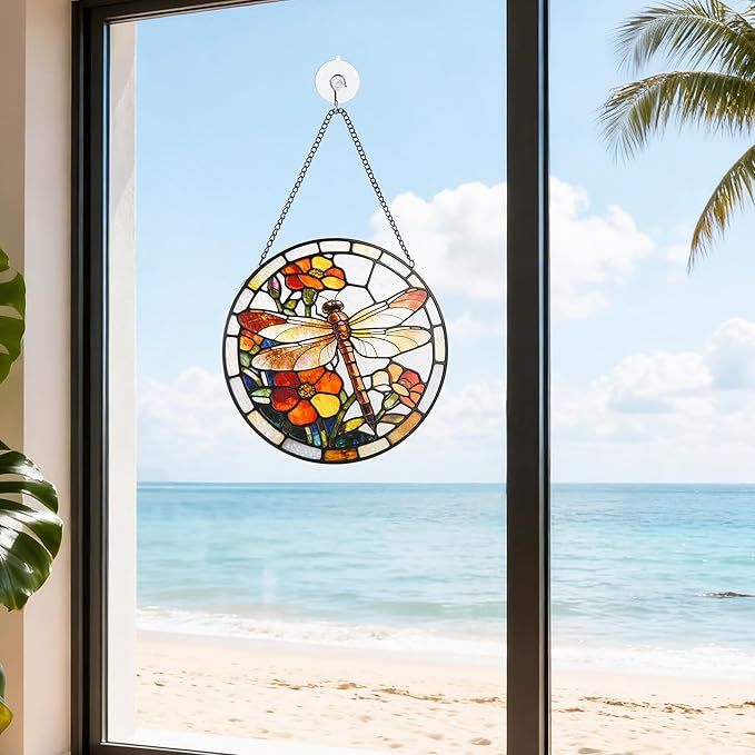 Stained Glass Window Hanging, Dragonfly Circular Painted Glass Suncatcher with Chain & Suction Cup for Home Garden Door Decor, Birthday for Women Men Mom 7.8 in