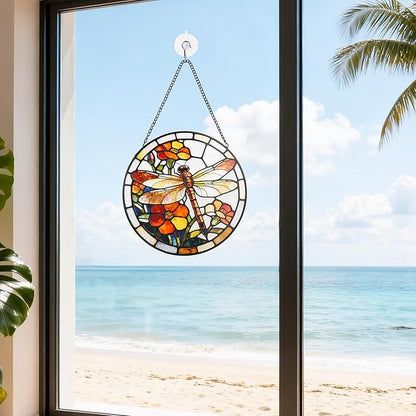 Stained Glass Window Hanging, Dragonfly Circular Painted Glass Suncatcher with Chain & Suction Cup for Home Garden Door Decor, Birthday for Women Men Mom 7.8 in