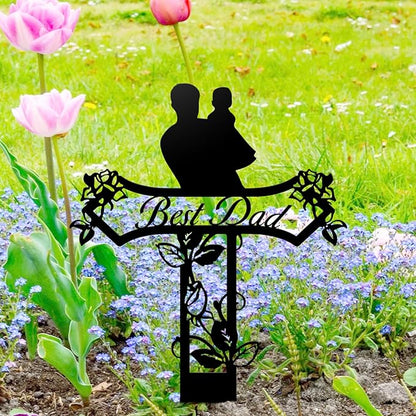 Rustic Metal Cross Memorial Stake, Mom Dad Grave Site Decorations Artificial Flowers for Cemetery, Ideal for Yard, Garden, Lawn & Tombstone, Cemetery Decorations for Grave (Dad)