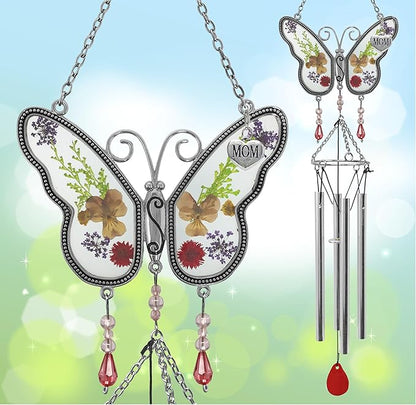 Mom Butterfly Wind Chime with Pressed Flowers - Floral Hanging Wind Chimes for Mom - Mother's Day, Birthday for Mother - Decorative Garden or Window Gift - 20 Inch Long