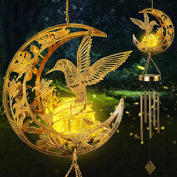 Solar Wind Chimes for Outside Hummingbird Gifts for Women Mom Grandma Sister Crackle Glass Ball Wind Chimes Solar Lights Outdoor Decor for Garden Backyard Patio Yard Porch, Mothers Gift Birthday Gifts
