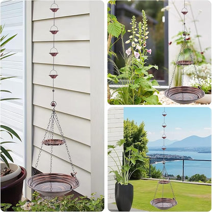13 inch Rain Chain Basin, Metal Rain Chains Anchoring Bowl Dish, DIY Rain Chain Basin for Gutter Downspout, Copper Hanging Birdbath for Outdoor Garden Patio Decor