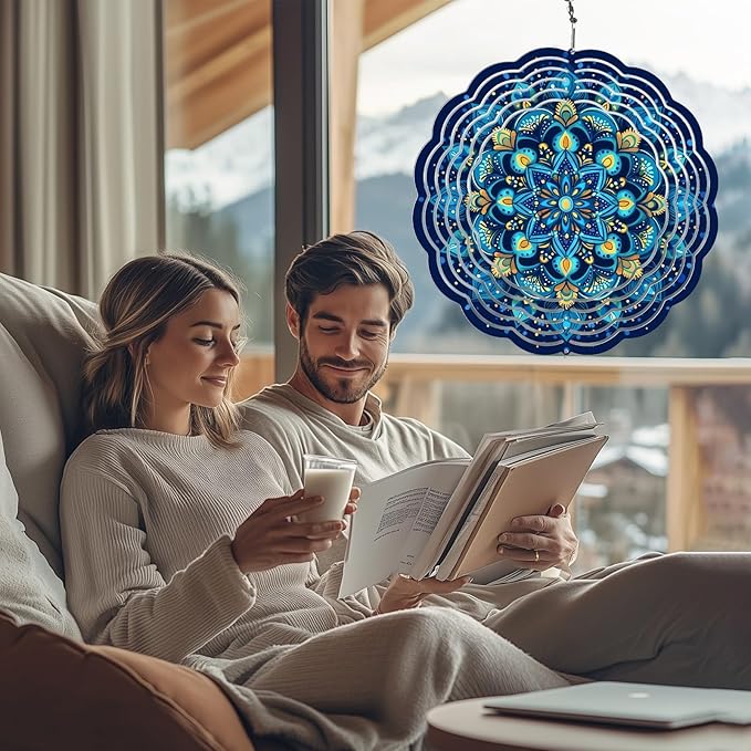 Wind Spinners Outdoor, Hanging Wind Spinner for Garden Decoration, 8 inch 3D Stainless Steel Metal Wind Sculpture for Indoor/Outdoor Decor, Mandala Blue