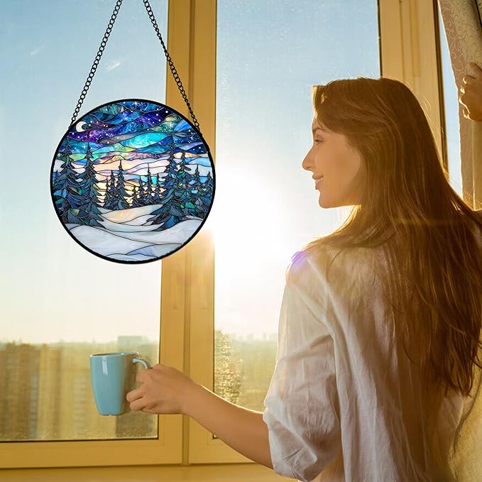 DASTOLL Stained Glass Window Hanging, Starry Sky Trees and Snow Sun Catchers Glass Panel Blue Suncatcher Decor for Birthday for Women, Men, Wife, Aunt, and Mom 7.8 in