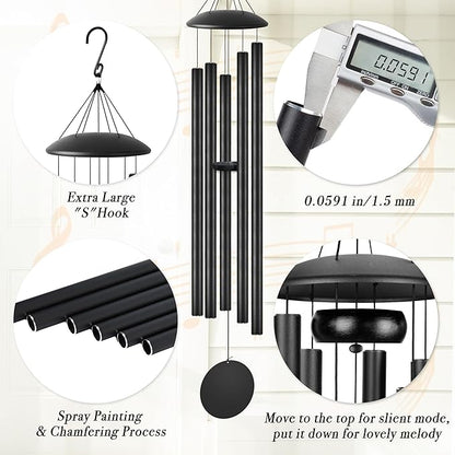 48" Extra Large Wind Chimes with Outside Deep Tone, 5 Thick and Bold Aluminum Tubes, Coolest Metal Windchimes Outdoors with Pine Wood Striker, Unique Gift for Mom, Garden Decoration(Black)