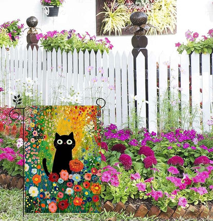 Spring Summer Garden Flag 12x18 Inch Double Sided Outside Black Cat Colorful Floral Flowers Seasonal Holiday Yard Porch Outdoor Decoration