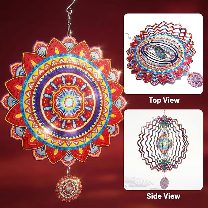 Mandala Wind Spinners Outdoor, 12In Stainless Steel Wind Spinners Outside, 3D Kinetic Hanging Sculpture, Rustproof Metal Garden Decor Ornaments for Yard Art, Women, Men, Holidays