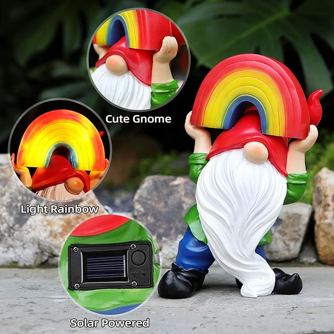 LEGIFO Garden Gnome Statue with Rainbow Solar Lights Large Garden Sculptures Outdoor Decorations Patio Lawn Yard Garden Decor Gifts for Women Mom