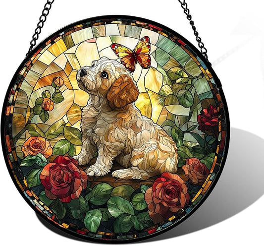 DASTOLL Stained Glass Window Hanging, Cute Dog and Flowers Suncatcher for Doors Home Butterfly Sun Catchers Decoration and Christmas, Mother's Day Birthday Gifts for Women, Men, and Mom 9.8 in