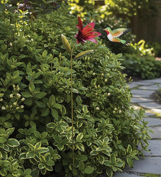 Regal Art & Gift Hummingbird Flower Garden Stake - Decorative Handcrafted Metal Sculpture, Elegant Outdoor Art for Patio, Lawn & Garden Décor - Ruby Throated