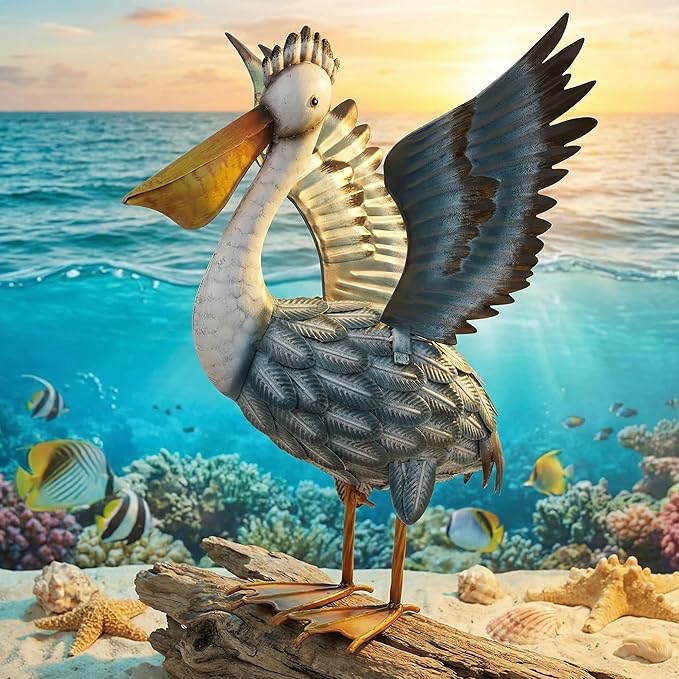 TERESA'S COLLECTIONS Pelican Outdoor Statues for Patio Decor,11.5" Metal Coastal Ocean Spread Bird Garden Statues & Sculptur for Yard Decorations Outdoor,Garden Decor for Outside Porch,Gifts for Mom
