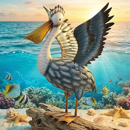 TERESA'S COLLECTIONS Pelican Outdoor Statues for Patio Decor,11.5" Metal Coastal Ocean Spread Bird Garden Statues & Sculptur for Yard Decorations Outdoor,Garden Decor for Outside Porch,Gifts for Mom