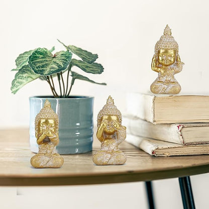 Owl Statue Garden Decor, Resin Waterproof Halloween Indoor Outdoor Lawn Yard Patio Office Living Room Decoration Gifts for Mom Women (8.3 Inch) (Golden 3 Buddha)