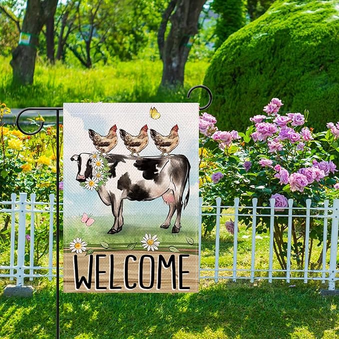 Artofy Welcome Spring Summer Farm Animals Small Decorative Garden Flag, Cow Chicken Hen Farmhouse Yard Lawn Outside Decor, Rustic Burlap Outdoor Home Decoration Double Sided 12 x 18