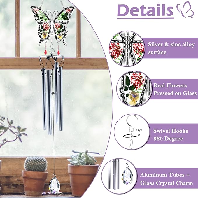 Butterflies Wind Chimes Glass Metal Real Flower and Multicolor 4 Tube Aluminum Windchime with S Hooks,Elegant Chime Outdoor, Garden,Balcony and Home Decoration with Wind Catcher Grandparent Day Gifts