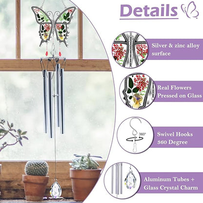 Butterflies Wind Chimes Glass Metal Real Flower and Multicolor 4 Tube Aluminum Windchime with S Hooks,Elegant Chime Outdoor, Garden,Balcony and Home Decoration with Wind Catcher Grandparent Day Gifts