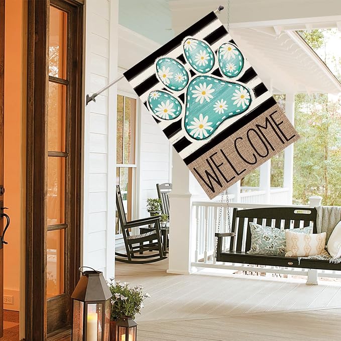 AVOIN colorlife Blue Paw Print Spring House Flag 28x40 Inch Double Sided Outside, Daisy Floral Welcome Stripes Yard Outdoor Flag