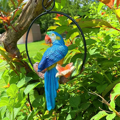 iRonrain Mini Garden Statues Hanging Iron Ring Parrots, Art Décor Gorgeous Swing Birds Figurine Sculpture Ornament for Pathways Yard Patio Office Indoor Outdoor Tree Decorations (Yellow/Blue)