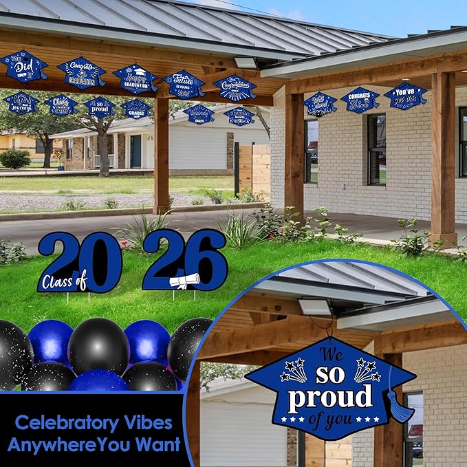 16 Pieces 2026 Graduation Yard Signs Plastic Congrats Grad Decor with 32 Stake and Ribbon Graduate Cap Hanging Yard Sign for Party Outdoor Lawn Pathway Walkway Decorations(Blue and Black)