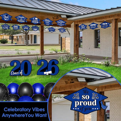 16 Pieces 2026 Graduation Yard Signs Plastic Congrats Grad Decor with 32 Stake and Ribbon Graduate Cap Hanging Yard Sign for Party Outdoor Lawn Pathway Walkway Decorations(Blue and Black)