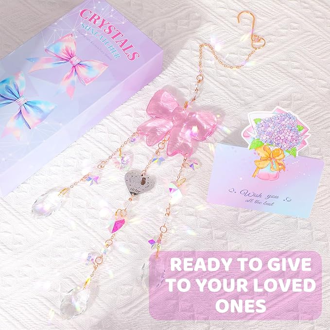 Crystal Sun Catchers Indoor Window,Pink Bow Decor Sun Catcher for Sister Gifts with 3 Chains,Prism Rainbow Crystal Suncatcher for Hangings College Dorm Rooms Home Decoration