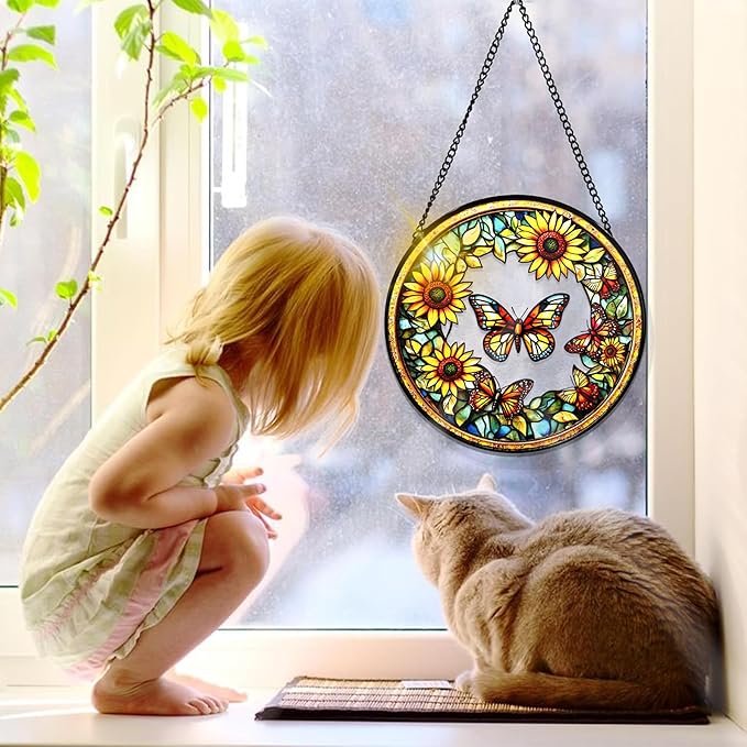 Bimkole Sunflower Stained Glass Suncatcher Window Hanging - Butterfly Design for Indoor Window or Doorway Decoration - 7.87x7.87 inch with Chain and Hook - Unique Home Decor Gift