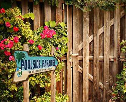 Mukuko Poolside Paradise Rustic Looking Arrow Tin Metal Sign Outdoor Pool Hot Tub Tiki Backyard Sign Gift 6" x 18"