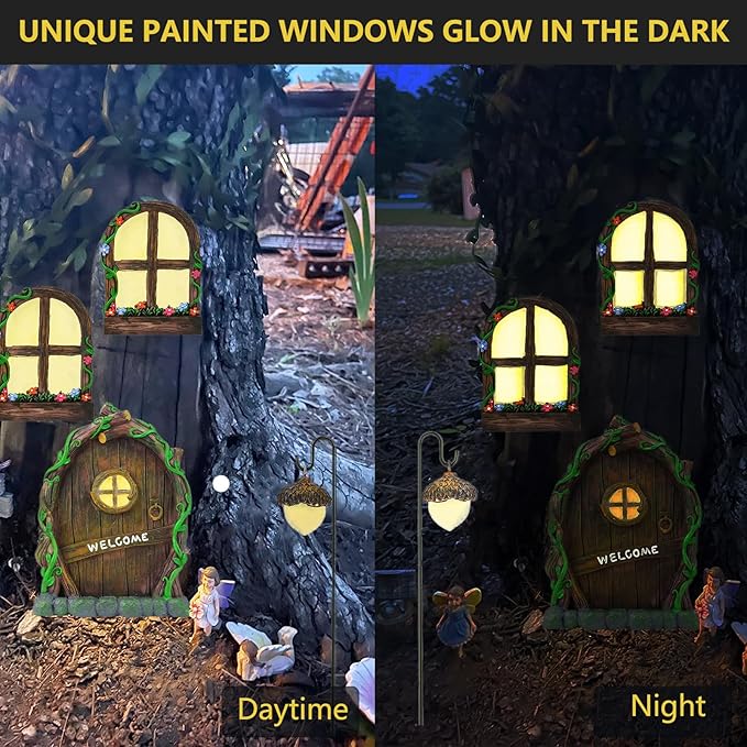 Miniature Fairy Garden Accessories: Glow in The Dark Fairy Door and Windows for Trees, Green Resin Garden Ornament with Lantern
