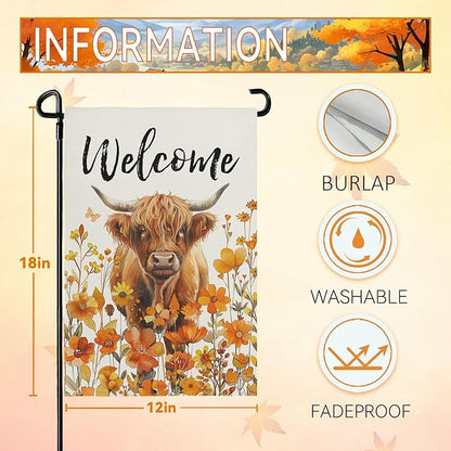Welcome Fall Highland Cow Garden Flag Highland Cow with Flowers Burlap Yard Flag Seasonal Autumn Bull Butterfly House Banner for Farmhouse Rustic Holiday Outdoor Decor 12x18 Inch