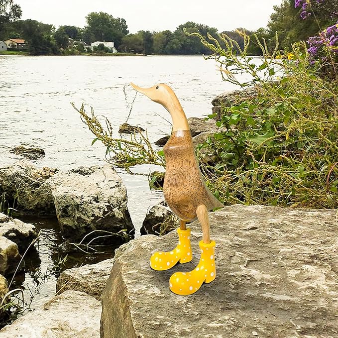 Wooden Crafted Duck Figurine with Spotty Wellies Funny Standing Duck Statues Decorative Resin Rain Boot Animal Sculpture Collectible Crafts Waterproof Garden Lawn Ornament (Yellow, 7.9Inch)