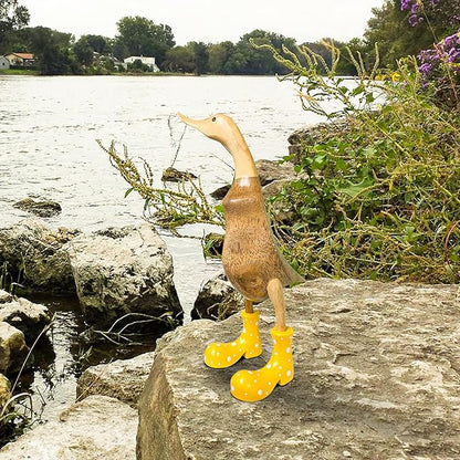 Wooden Crafted Duck Figurine with Spotty Wellies Funny Standing Duck Statues Decorative Resin Rain Boot Animal Sculpture Collectible Crafts Waterproof Garden Lawn Ornament (Yellow, 7.9Inch)