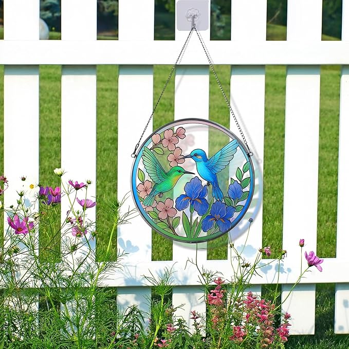Hummingbird Stained Glass Suncather for Window Hanging, 8.6'' Hummingbird Ornament Gift for Women, Nature-Inspired Wall Art Home Decor Gifts for Mom, Grandma (Green & Blue, 8.6'')