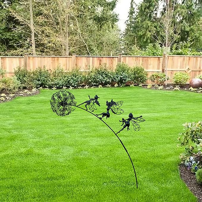 Flower Fairy Dancing with Dandelion Garden Sculpture,Angel Metal Ornaments Stainless Steel Statue Decorations,Wonderland Outdoor Yard Lawn Patio Stakes Sculptures Decor (A)