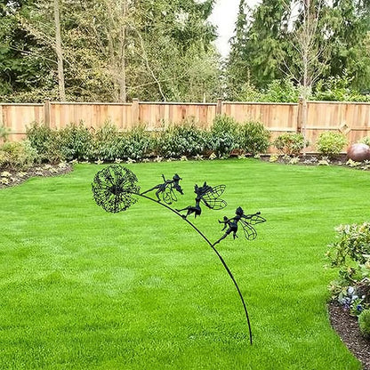 Flower Fairy Dancing with Dandelion Garden Sculpture,Angel Metal Ornaments Stainless Steel Statue Decorations,Wonderland Outdoor Yard Lawn Patio Stakes Sculptures Decor (A)