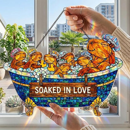 Personalized Grandma Otter Stained Glass Suncatcher, Custom Grandkids Names Window Hanging, Soaked in Love Bathtub Ornament, Hanging Ornament Home Decor, Gift for Mother’s Day