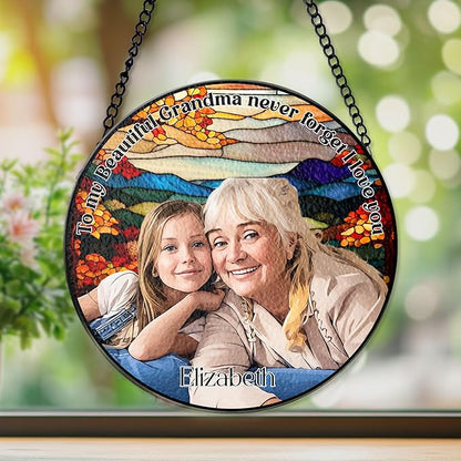 NAZENTI Personalized Stained Glass Window Hanging Gifts for Grandma, Custom Photo Family Window Hanging Ornament, Grandma and Grandkids Portrait Faux Stained Glass, Gifts for Mothers Day, Birthday