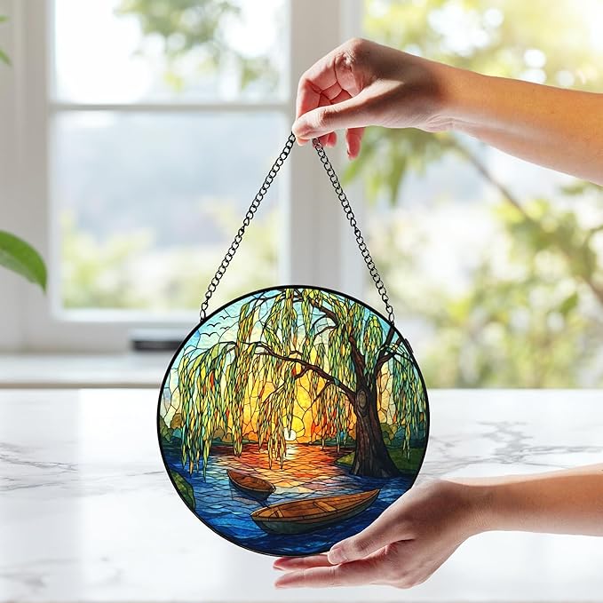 Weeping Sunset Lake Stained Glass Window Hanging, Gifts for Nature Lovers, Weeping Willow Tree Stained Glass Suncatcher Decor Birthday for Mom Men Woman Friend, 7.9x7.9inch