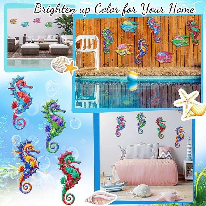 FaloStwer 4Pcs Metal Beach Wall Decor Art, 3D Lifelike Seahorse Wall Art Sculpture Hanging Decorations for Indoor Outdoor Garden Yard Living Room Bedroom Patio Balcony (Seahorse)