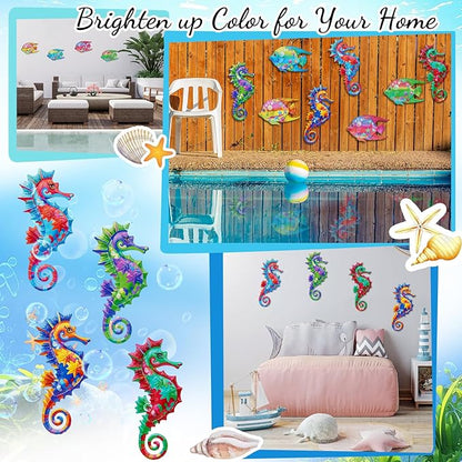 FaloStwer 4Pcs Metal Beach Wall Decor Art, 3D Lifelike Seahorse Wall Art Sculpture Hanging Decorations for Indoor Outdoor Garden Yard Living Room Bedroom Patio Balcony (Seahorse)