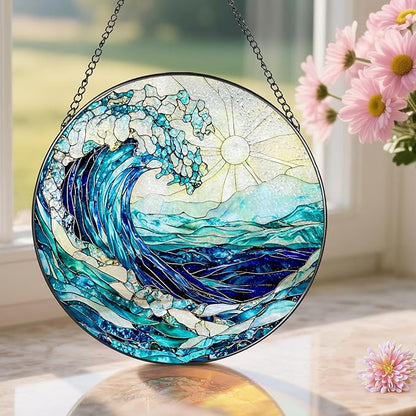 Stained Glass Window Hanging, 8 Inch Ocean Waves Stained Glass Suncatcher, Window Hanging Decor, Beach Decor, Ocean Suncatcher Gift, Beach Lover Gift, Gifts for Couples Friends Family