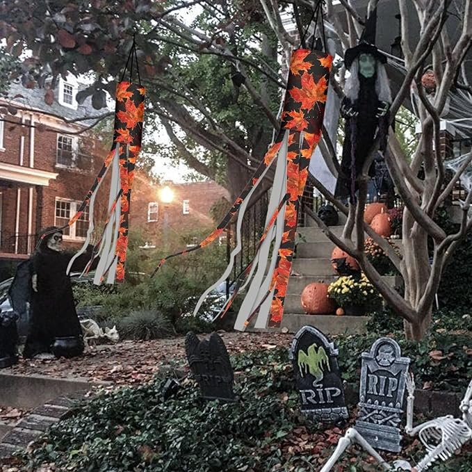 Thanksgiving Day Maple Leaf Windsock 2 Pieces Front Yard Patio Lawn Garden Party Decor Halloween Spooky Horror Decoration Machine Washable