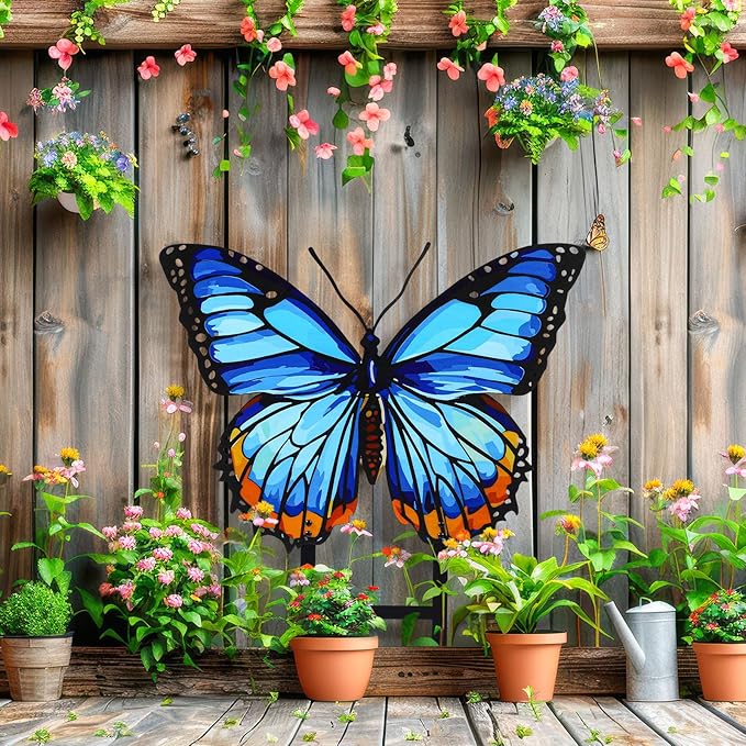 1 Pcs Spring Metal Butterfly Garden Stakes Decor 16.5 Inch Decorative Blue Butterfly Yard Stake Outdoor Insect Decor Metal Garden Art Ornaments for Patio Porch Lawn Backyard