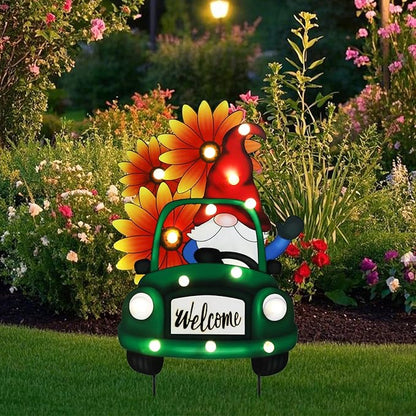 WONDER GARDEN Decorative Garden Stakes - Lighted Gnome Drive Truck Yard Sign Stakes with Sunflower, Spring Welcome Signs for Outdoor, Porch, Yard,Flower Bed Decor