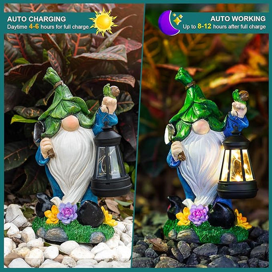 ZQQLITE Solar Garden Gnome Statue – Outdoor Decorations Funny Leprechaun Figurine with LED Lantern Waterproof Resin Leaf Hat Dwarf Sculpture for Patio Lawn Yard Art and Housewarming Gift