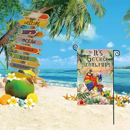 Summer Garden Flags for Outside, It's 5 O'clock Somewhere Beach Parrot Small Seasonal Decoration for Farmhouse Holiday Yard Outdoor Decor 12x18 Inch Double Sided