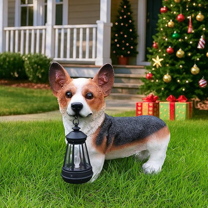 Red & White Corgi Pathway Greeter with Solar Lantern & Reversible Sign, Standing Corgi Statue for Doorway, Patio Rail, Balcony & Yard