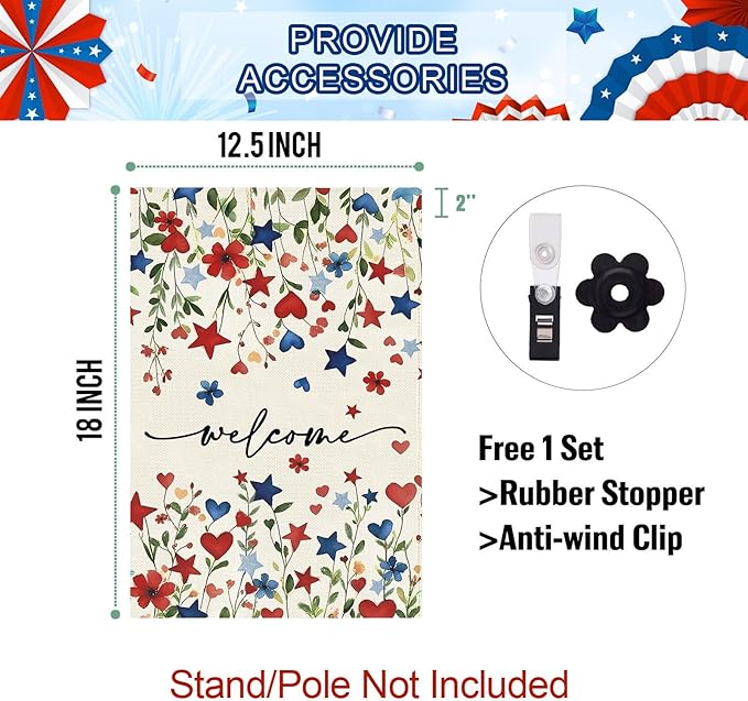 Baccessor Patriotic 4th of July Garden Flag 12.5 x 18 Inch Double Sided Burlap,Memorial Day Welcome American Red and Blue Flower Flag Summer Yard Lawn Holiday Seasonal Outdoor Outside Decoration